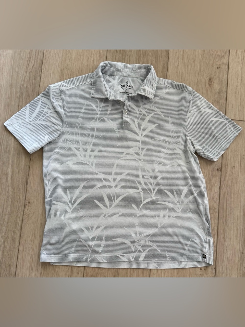 Mens Large white gray tropical beachy print polo shirt Nat Nast Luxury Originals